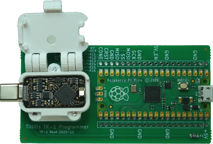 TKey Programmer board showing TKey placed in holder